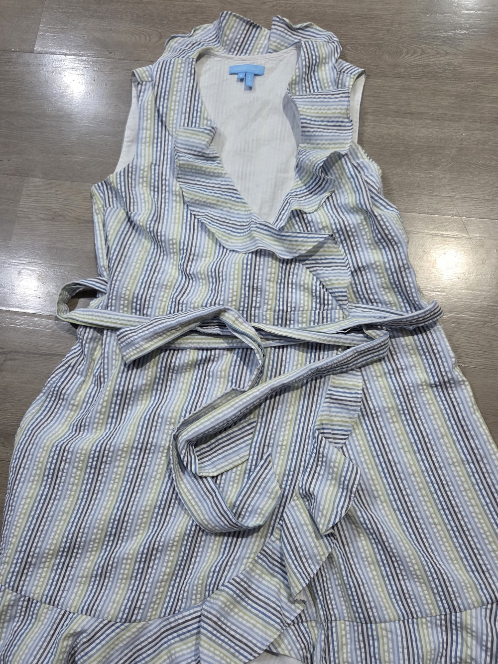 Draper James Blue and Yellow Striped Sleeveless Wrap Midi Dress